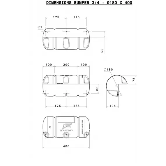 White straight 3/4 bumper diameter 25x90cm, 2 image White straight 3/4 bumper diameter 25x90cm, 2 image