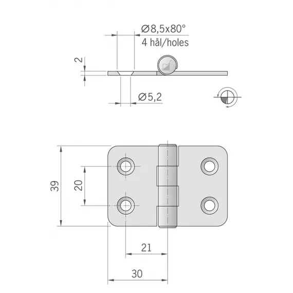 Mirror polished S.S. hinge - 60x39mm, 2 image Mirror polished S.S. hinge - 60x39mm, 2 image