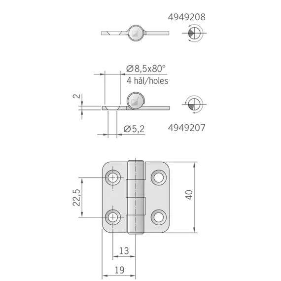 Mirror Polished S.S. Central Pin Hinge - 40x38mm, Model: Central, 2 image