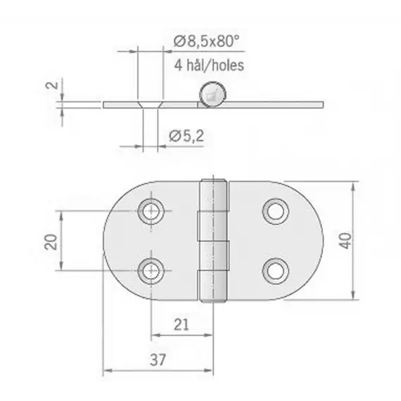 Charnière inversée en acier inoxydable poli miroir - 74x40mm, Modèle: Reversed, 2 image