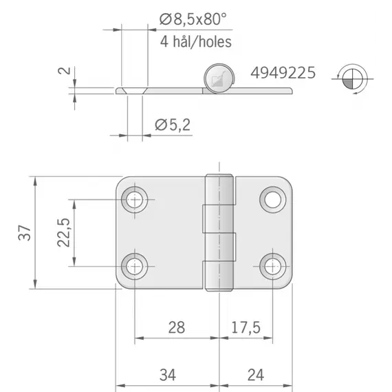 Mirror polished S.S. hinge - 58x37mm, 2 image Mirror polished S.S. hinge - 58x37mm, 2 image