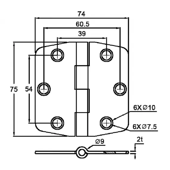 S.S. Hinge with cover and center barrel - 74x75mm, 2 image S.S. Hinge with cover and center barrel - 74x75mm, 2 image