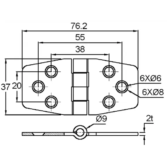 S.S. Hinge with cover and center barrel - 76x37mm, 2 image S.S. Hinge with cover and center barrel - 76x37mm, 2 image