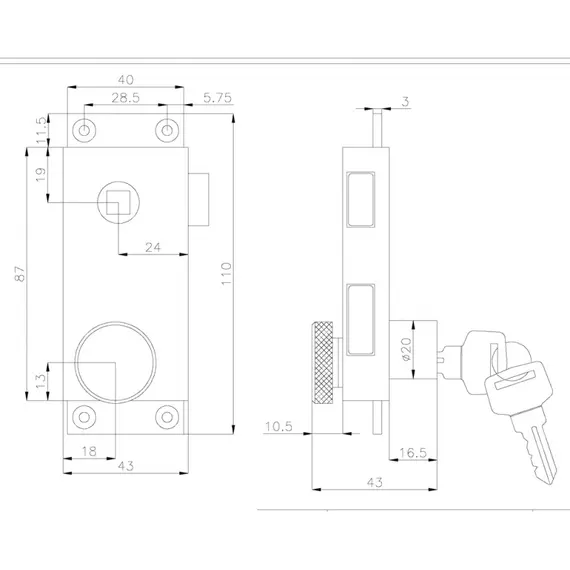 Right Rim Door Lock - 110x43mm, Model: Right, 2 image Right Rim Door Lock - 110x43mm, Model: Right, 2 image