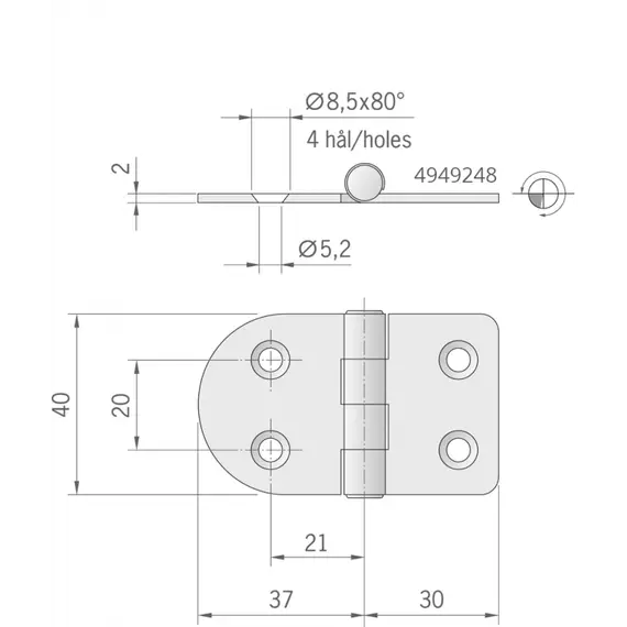 Mirror polished S.S. hinge - 67x40mm, 2 image Mirror polished S.S. hinge - 67x40mm, 2 image