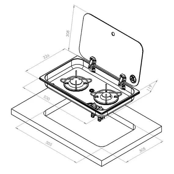 Built-in Hob Unit with Glass Cover - 2 Burners - 530x326mm, 2 image Built-in Hob Unit with Glass Cover - 2 Burners - 530x326mm, 2 image