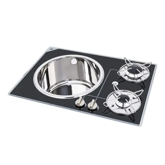 Unité de table de cuisson encastrée en verre - 2 brûleurs - 600×420mm avec trou pour évier