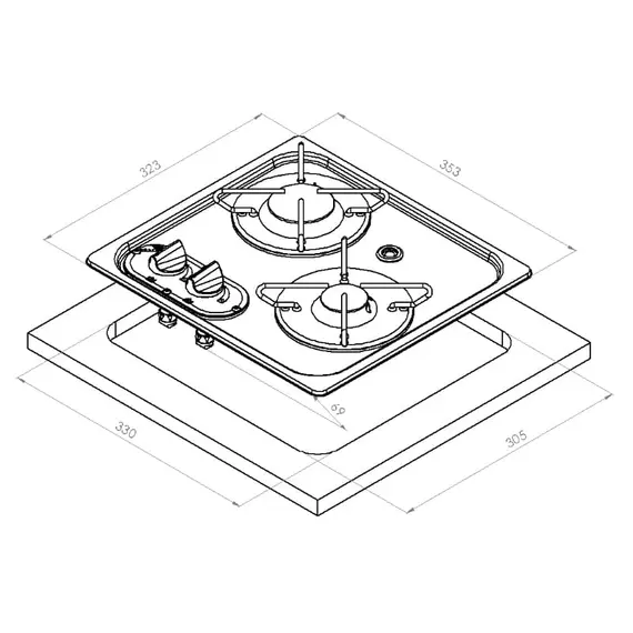 Stainless Steel Built-in Hob Unit - 2 Burners - 353x323mm, 2 image Stainless Steel Built-in Hob Unit - 2 Burners - 353x323mm, 2 image